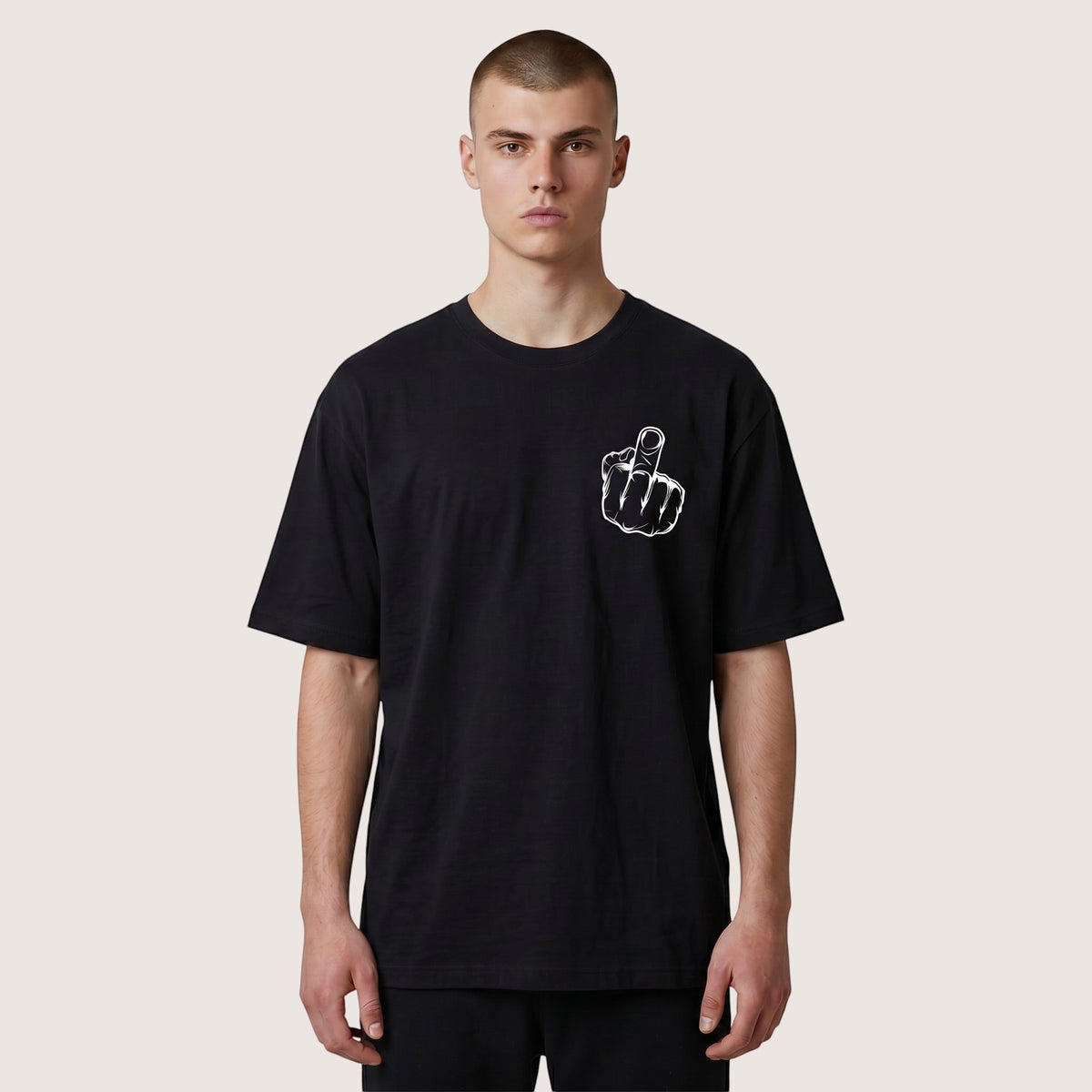 TrendyShift.Com black heavyweight cotton t-shirt featuring a white middle finger graphic on the chest