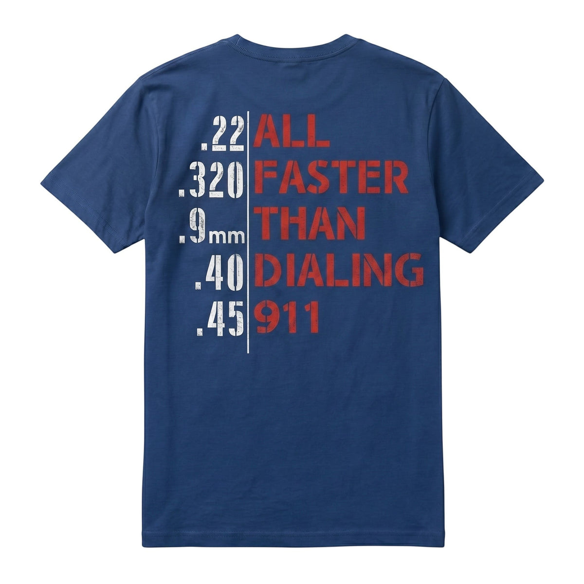 TrendyShift.Com unisex blue t-shirt featuring a graphic print on the back with bullet calibers and text