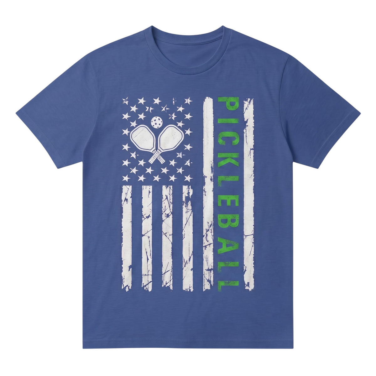 TrendyShift.Com blue unisex cotton pickleball t-shirt with distressed American flag and paddle graphic print