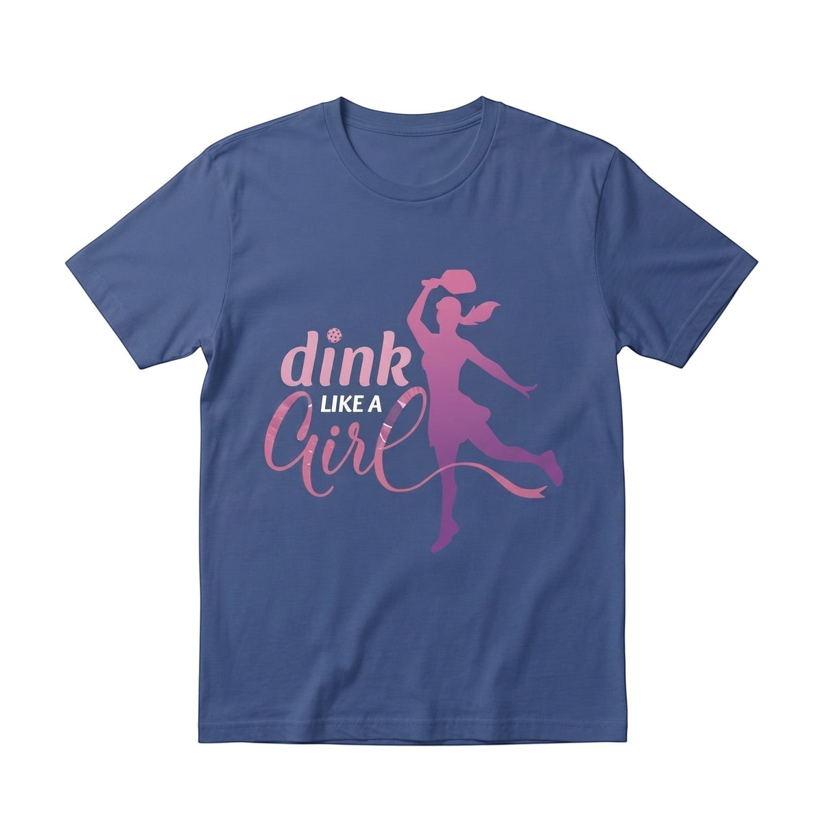 TrendyShift.Com blue unisex cotton t-shirt featuring a pink Dink Like a Girl pickleball graphic print.