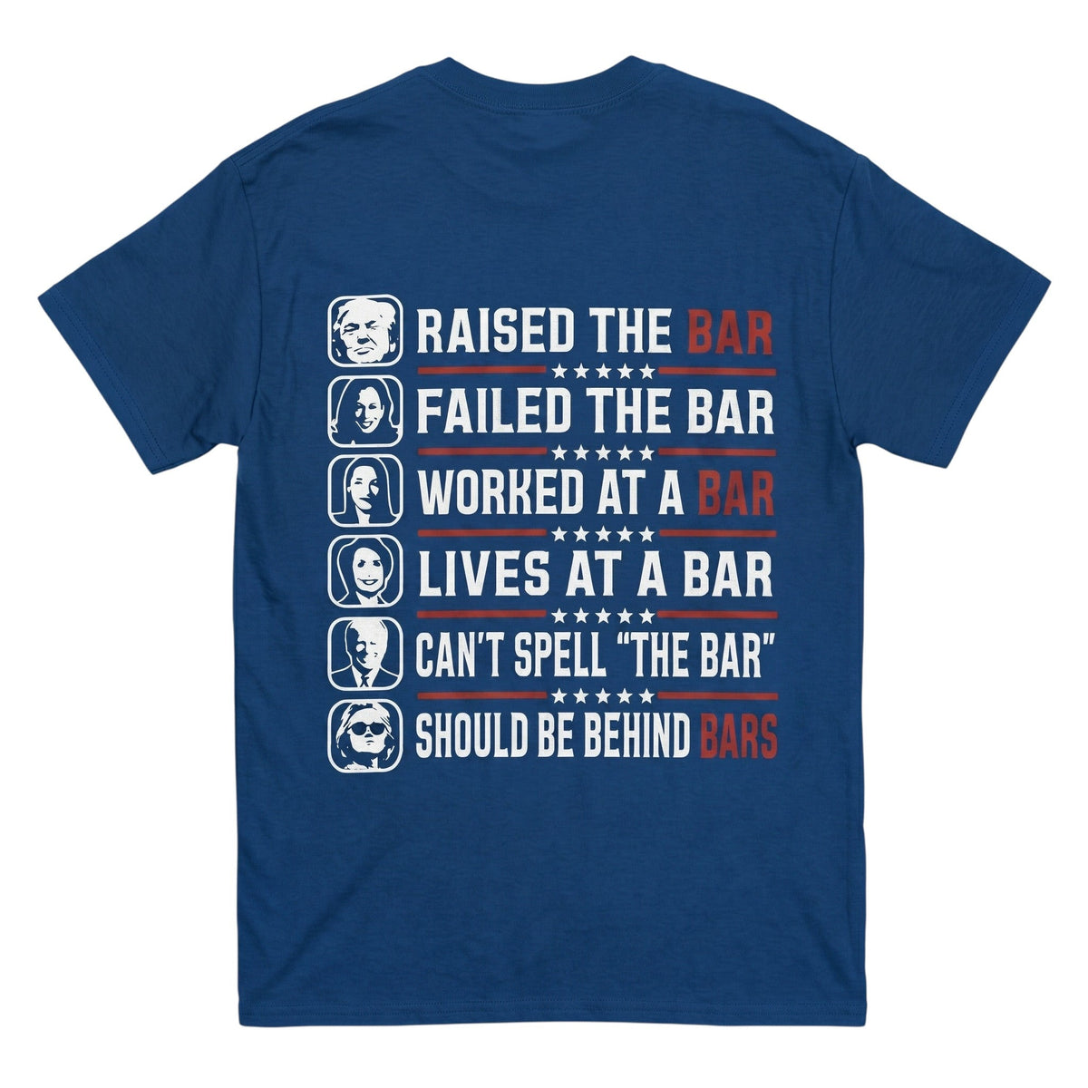 TrendyShift.Com blue 100% cotton t-shirt featuring a back print with political satire text and portraits.