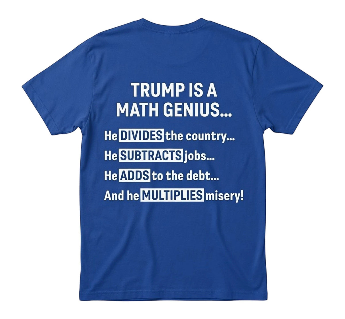 TrendyShift.Com royal blue unisex t-shirt with white political math genius text on the back