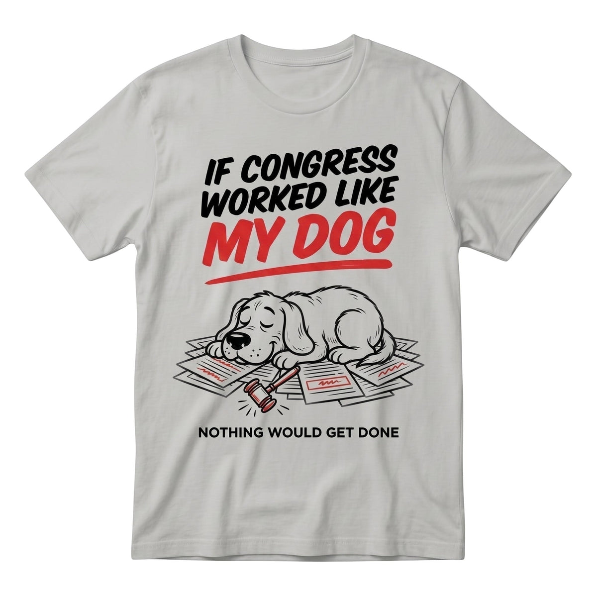 TrendyShift.Com grey heavy cotton unisex t-shirt featuring a funny dog graphic with political satire text.