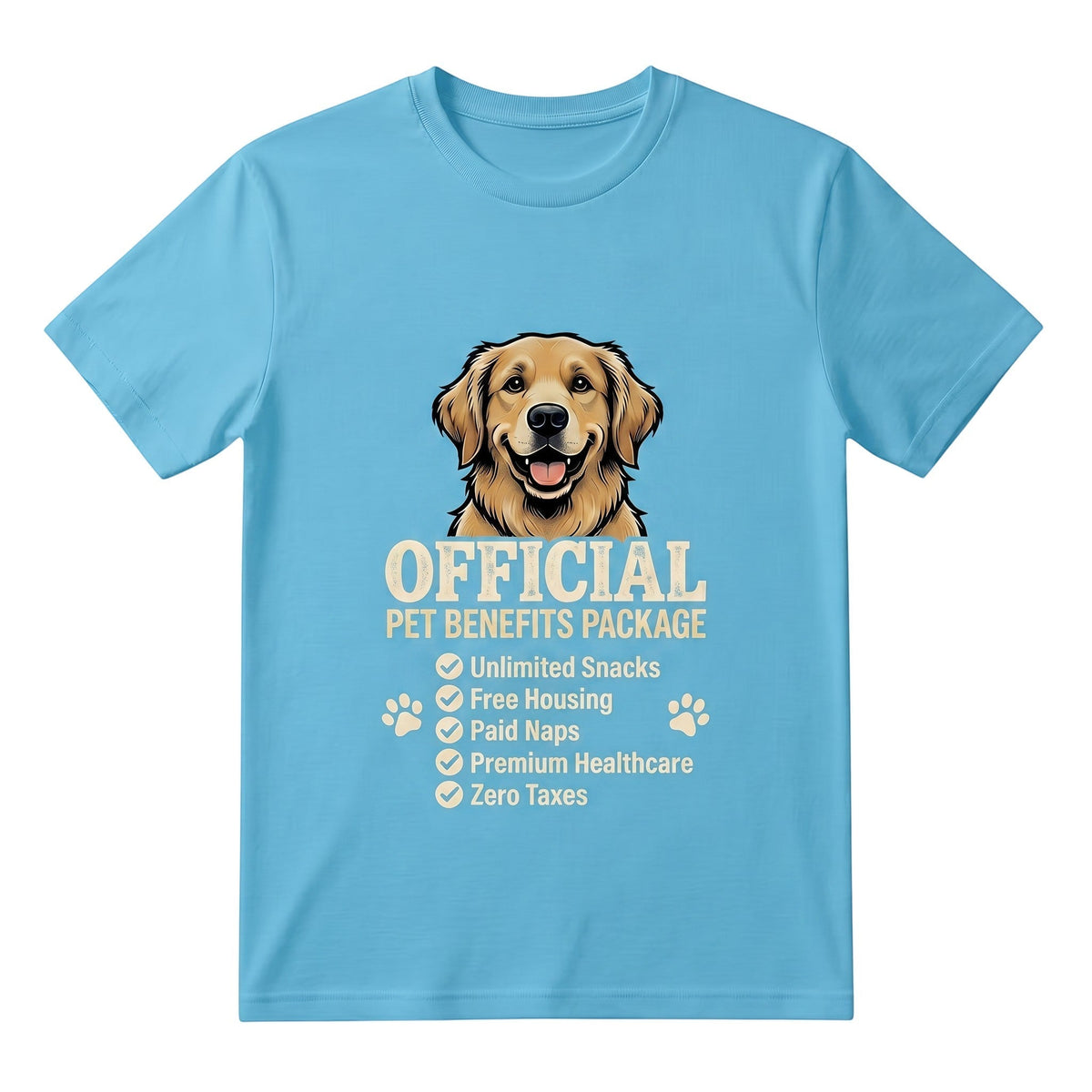 TrendyShift.Com light blue unisex cotton t-shirt featuring a golden retriever and Official Pet Benefits Package graphic.
