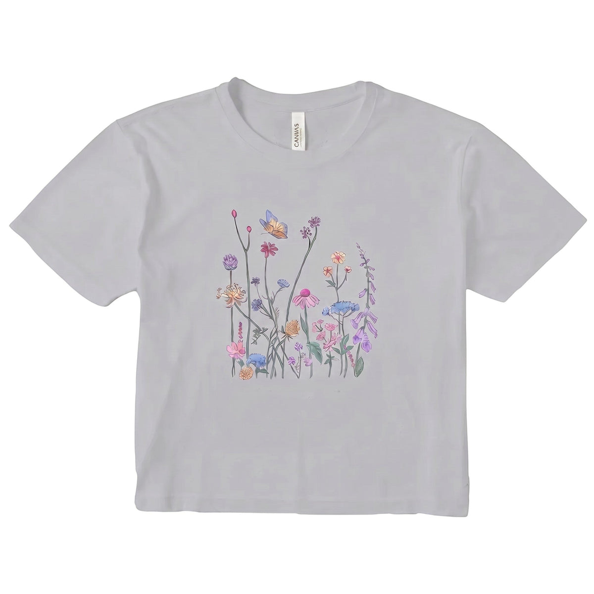 TrendyShift.Com women's light grey micro rib t-shirt featuring a delicate wildflower and butterfly graphic print.