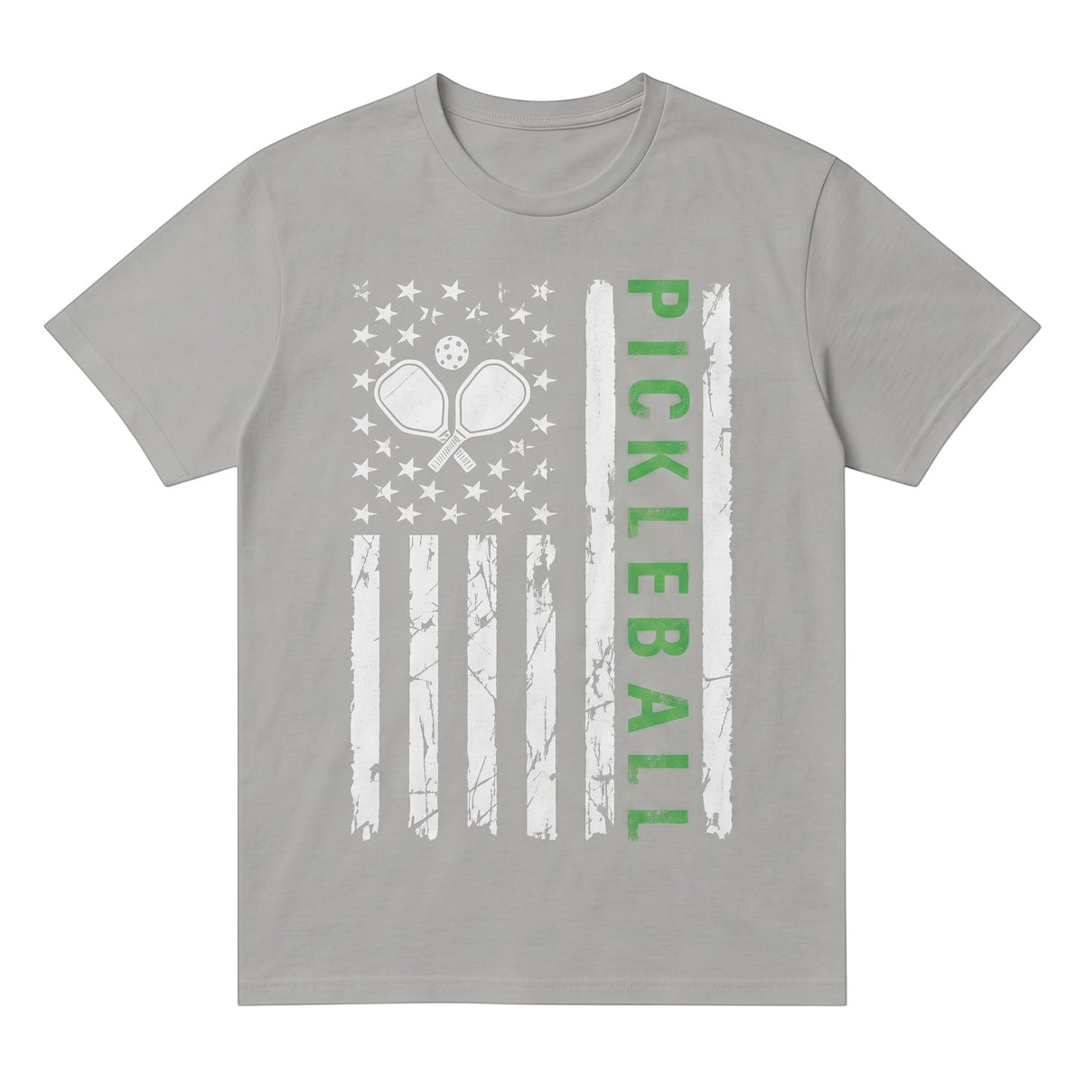 TrendyShift.Com grey cotton pickleball t-shirt with distressed American flag and pickleball paddle graphic print.