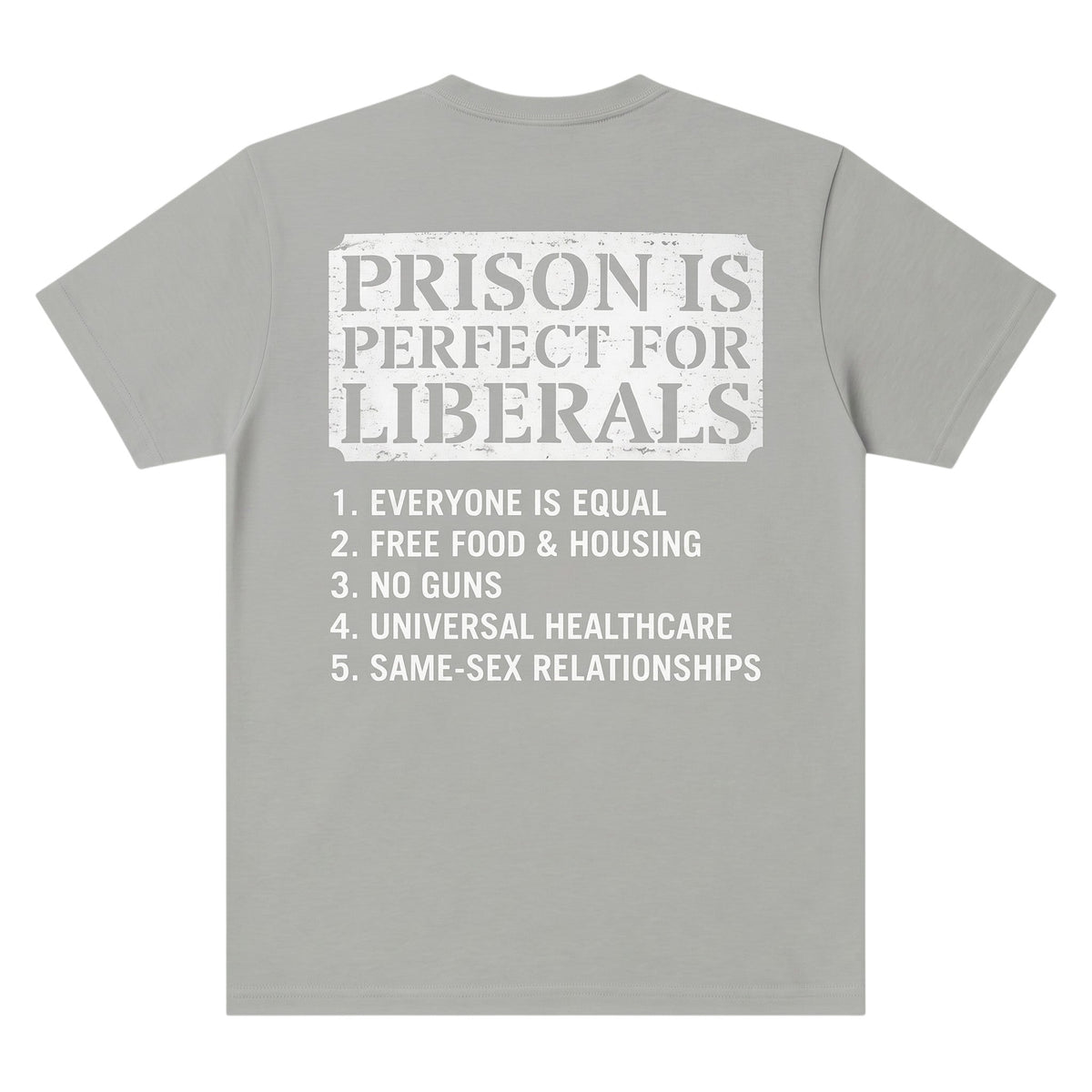 TrendyShift.Com grey unisex cotton t-shirt featuring a satirical political list graphic on the back