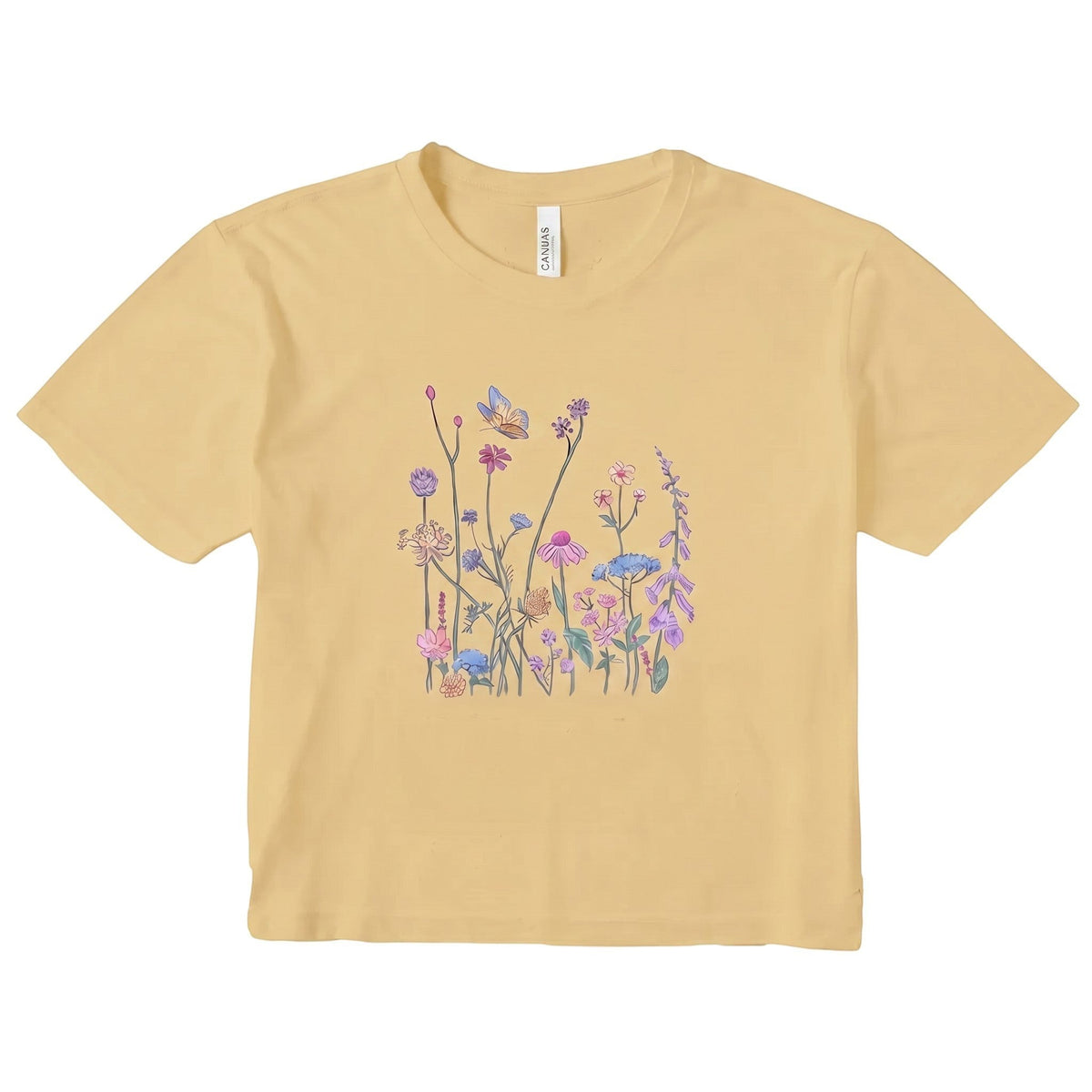 TrendyShift.Com women's mustard yellow micro rib t-shirt featuring a delicate wildflower and butterfly graphic print.