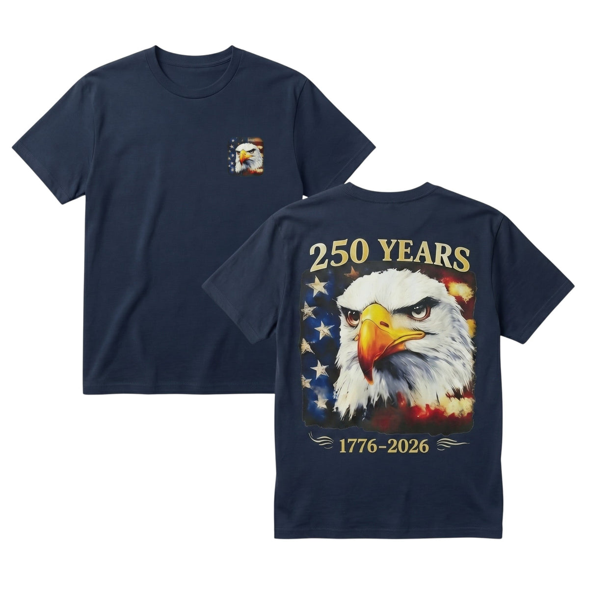 TrendyShift.Com navy blue cotton t-shirt with American eagle and 250th anniversary flag graphic on front and back