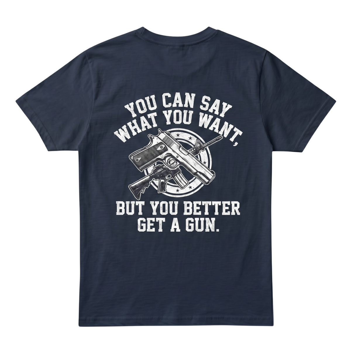 TrendyShift.Com navy blue cotton t-shirt featuring a white graphic print of crossed firearms and bold text on the back