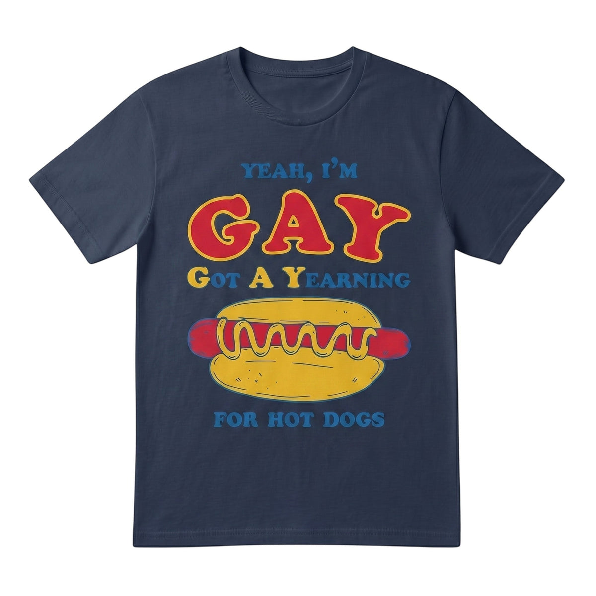 TrendyShift.Com navy blue 100% cotton t-shirt with a humorous graphic print about hot dogs and retro typography.
