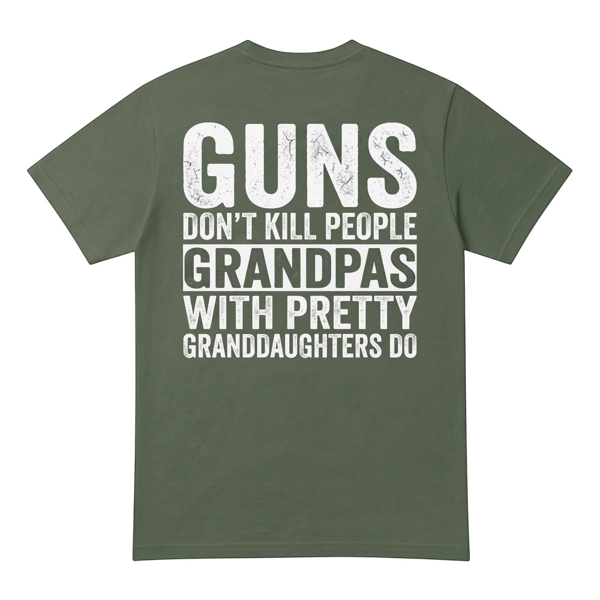 TrendyShift.Com olive green heavy cotton t-shirt with white distressed text print on the back