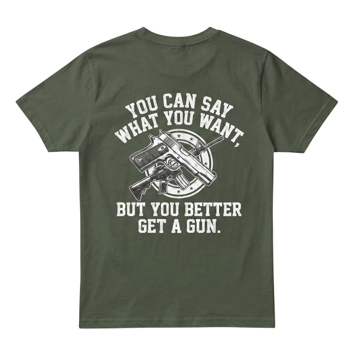 TrendyShift.Com olive green cotton t-shirt featuring a white graphic of crossed firearms and bold text on the back.