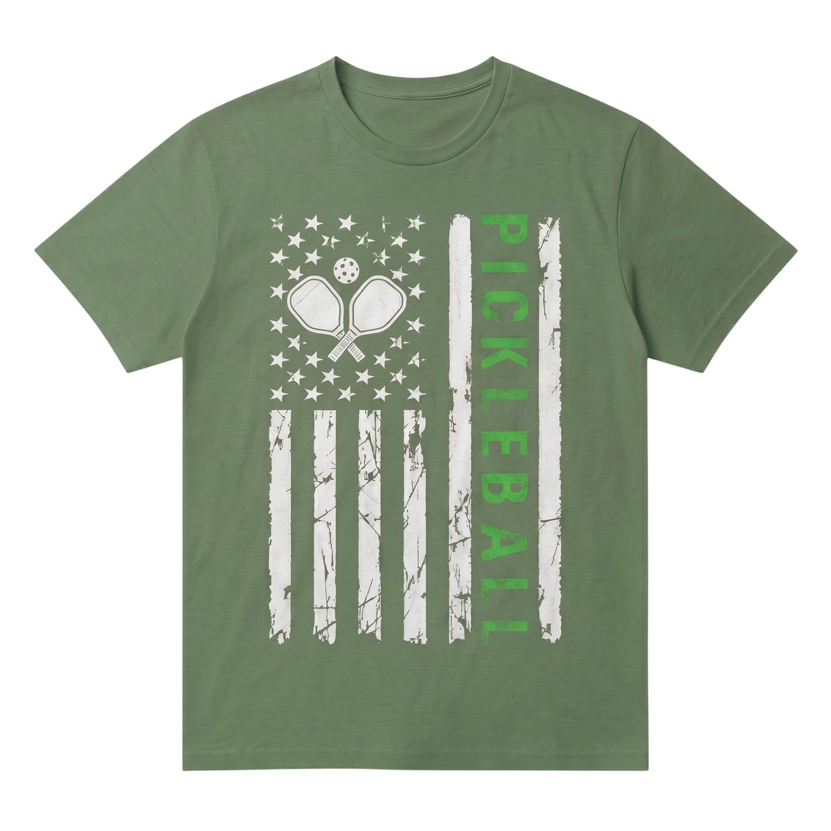TrendyShift.Com olive green unisex cotton pickleball t-shirt with a distressed American flag and paddle graphic.
