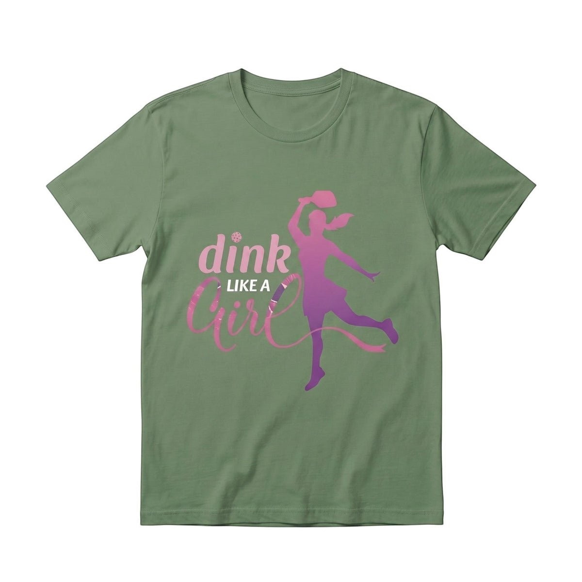 TrendyShift.Com olive green cotton unisex t-shirt featuring a pink pickleball player graphic and Dink Like a Girl text