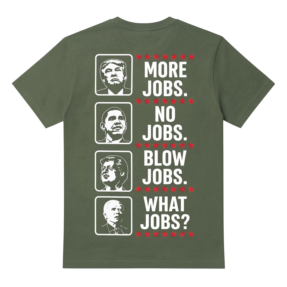 TrendyShift.Com olive green cotton t-shirt with political satire graphic featuring portraits and humorous text.