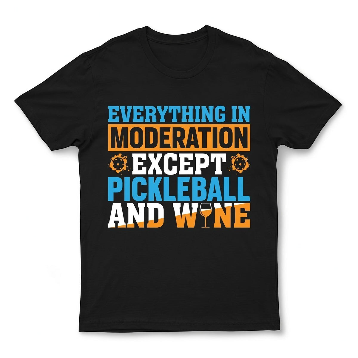 TrendyShift.Com black unisex cotton t-shirt featuring a colourful Pickleball and wine themed graphic print.