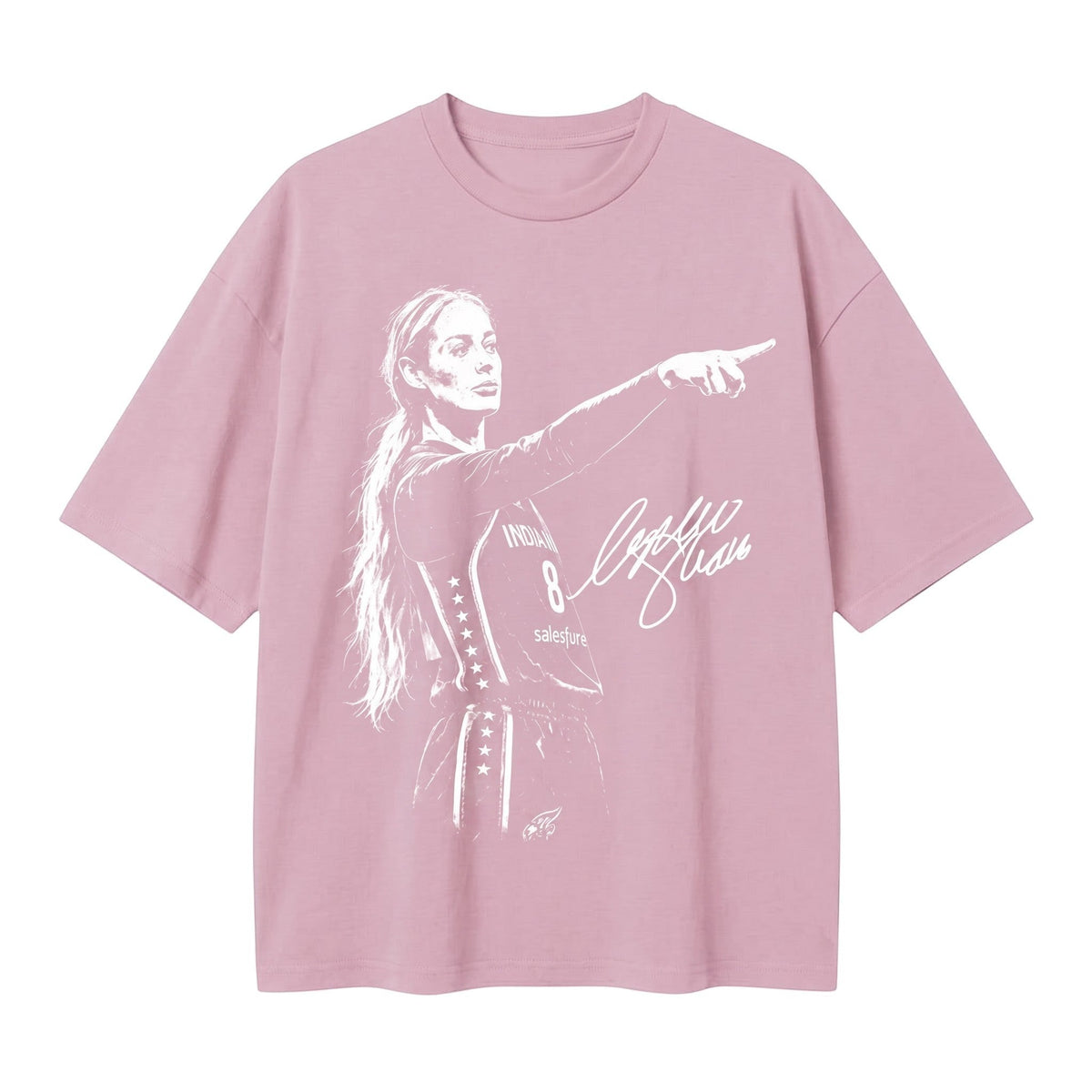 TrendyShift.Com light pink oversized t-shirt featuring a white graphic print of a female basketball player pointing.