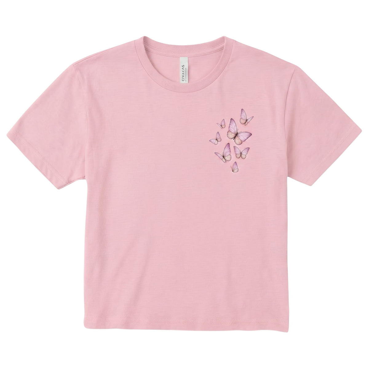 TrendyShift.Com light pink cropped crewneck t-shirt with a delicate butterfly graphic on the chest.