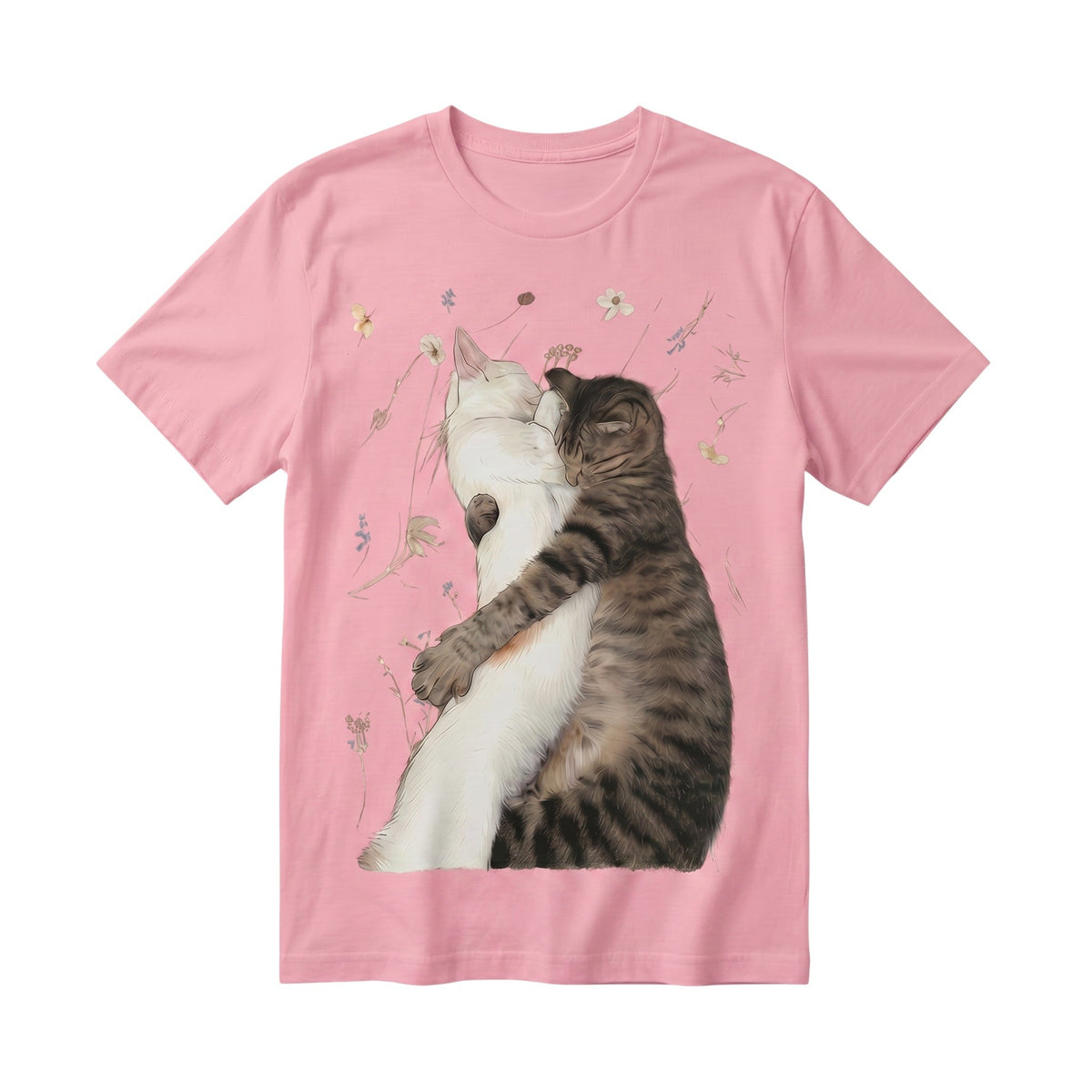 TrendyShift.Com pink cotton t-shirt featuring a graphic illustration of a white cat and tabby cat hugging.