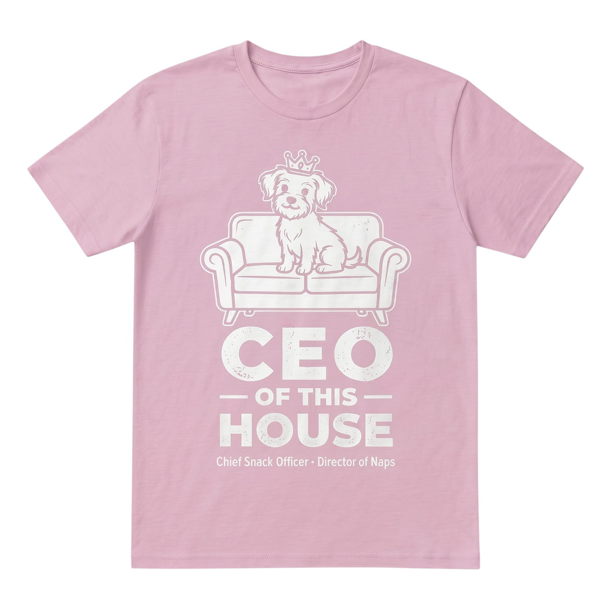TrendyShift.Com light pink unisex cotton t-shirt featuring a dog on a couch graphic with CEO of this House text.