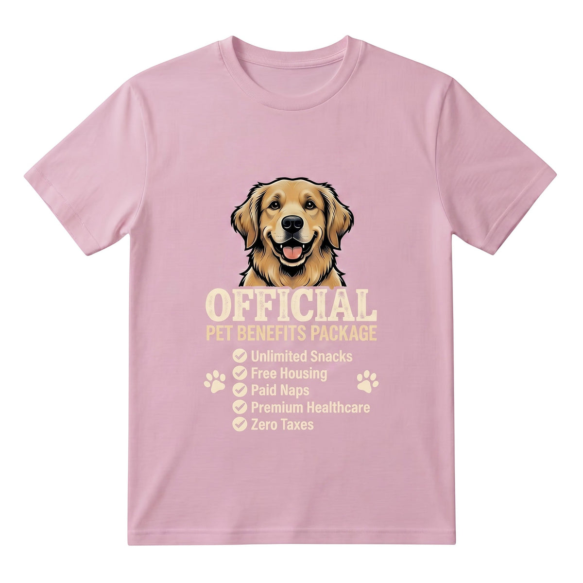 TrendyShift.Com light pink cotton t-shirt featuring a golden retriever and Official Pet Benefits Package graphic.