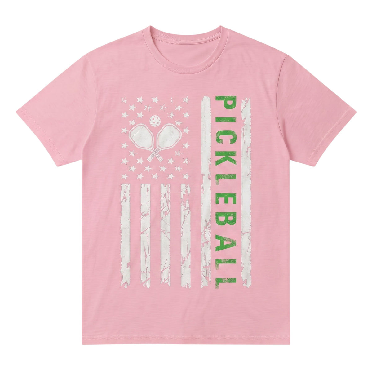 TrendyShift.Com light pink unisex cotton t-shirt featuring a distressed American flag and pickleball graphic.