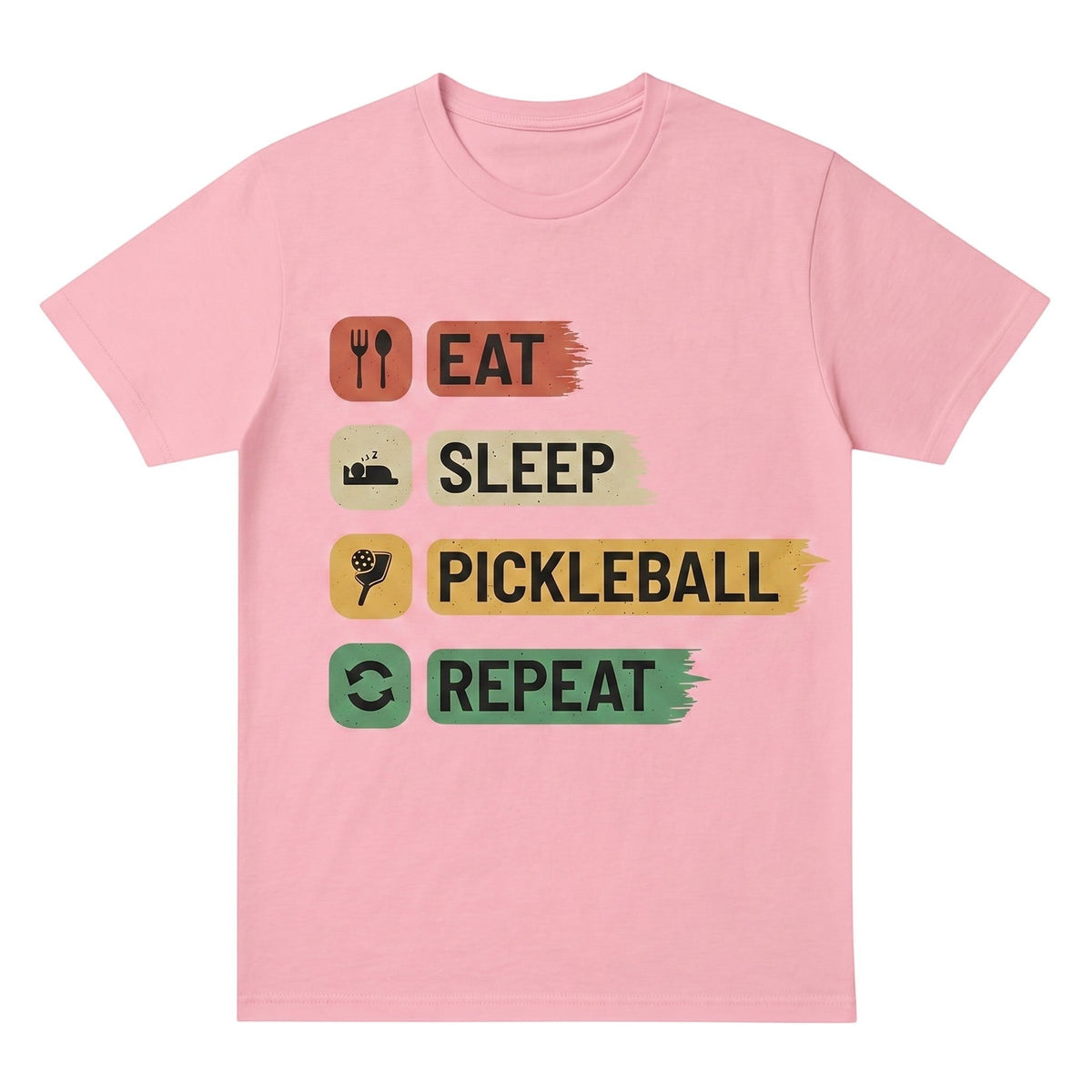 TrendyShift.Com pink unisex cotton t-shirt featuring an Eat Sleep Pickleball Repeat graphic print on the front.