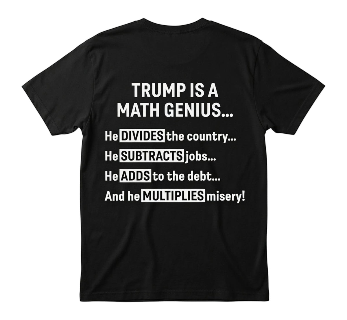 TrendyShift.Com black unisex t-shirt featuring white text about political math humor on the back