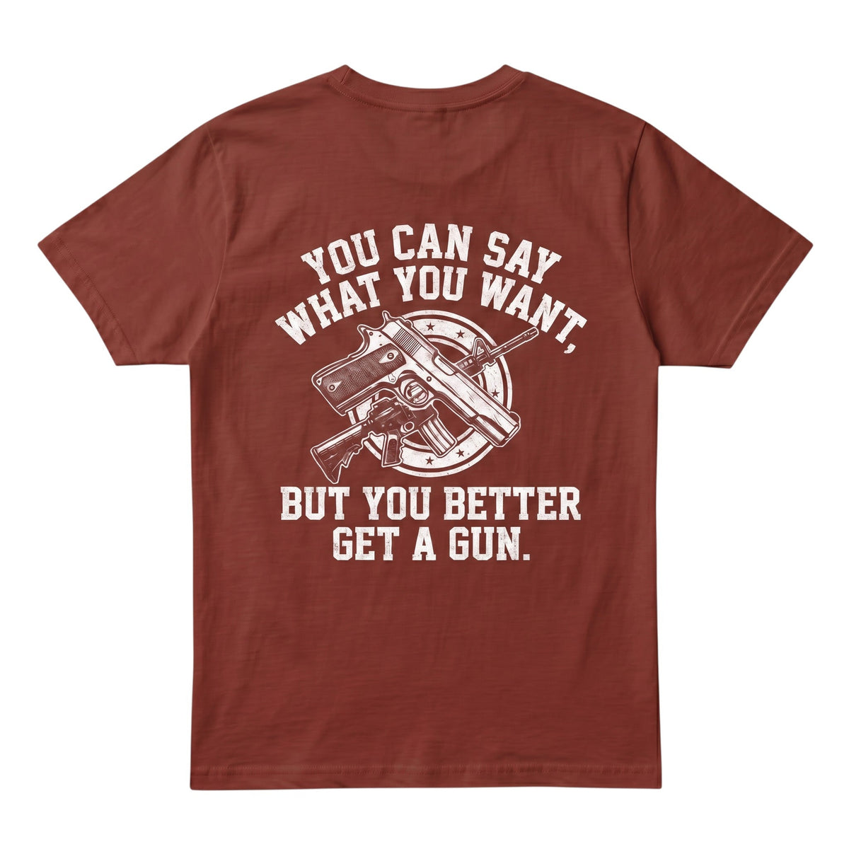 TrendyShift.Com rust-colored cotton t-shirt featuring a white graphic print of firearms and bold text on the back.