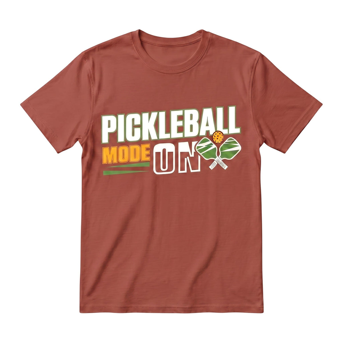 TrendyShift.Com rust-colored unisex cotton t-shirt with Pickleball Mode On graphic print