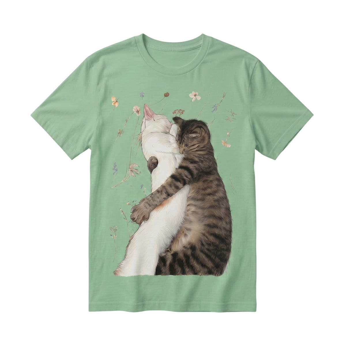 TrendyShift.Com sage green 100% cotton t-shirt featuring a graphic illustration of two cats hugging among wildflowers.