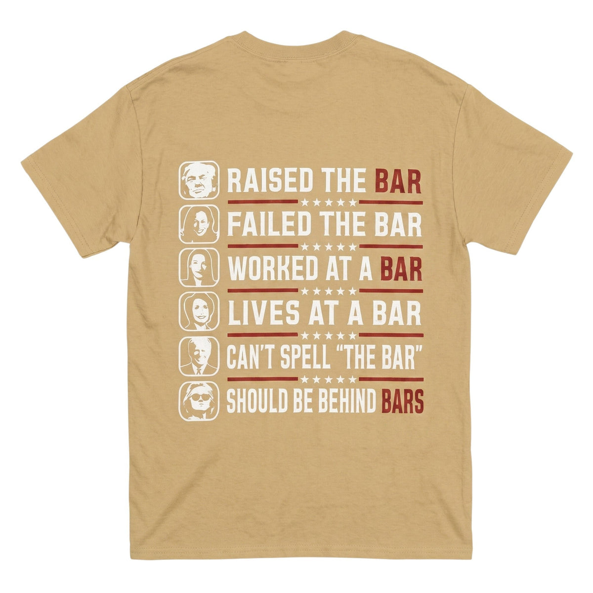 TrendyShift.Com tan 100% cotton t-shirt featuring a funny political graphic print on the back