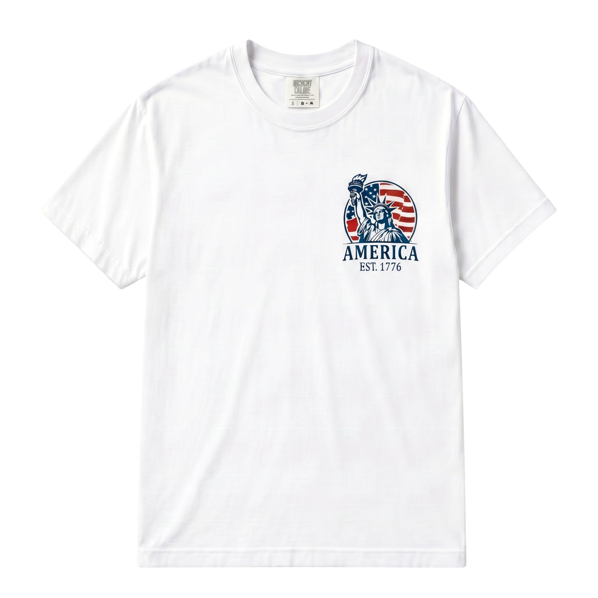 TrendyShift.Com white cotton unisex t-shirt featuring a Statue of Liberty and American flag graphic on the chest.