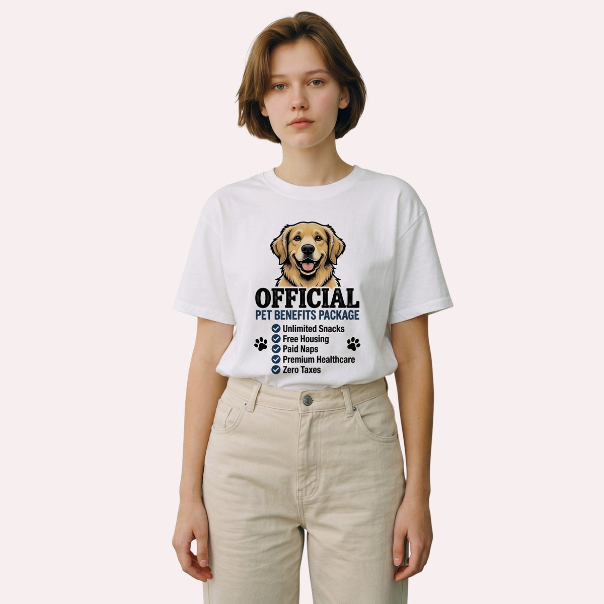 TrendyShift.Com white cotton unisex t-shirt featuring a golden retriever graphic and pet benefits list text.