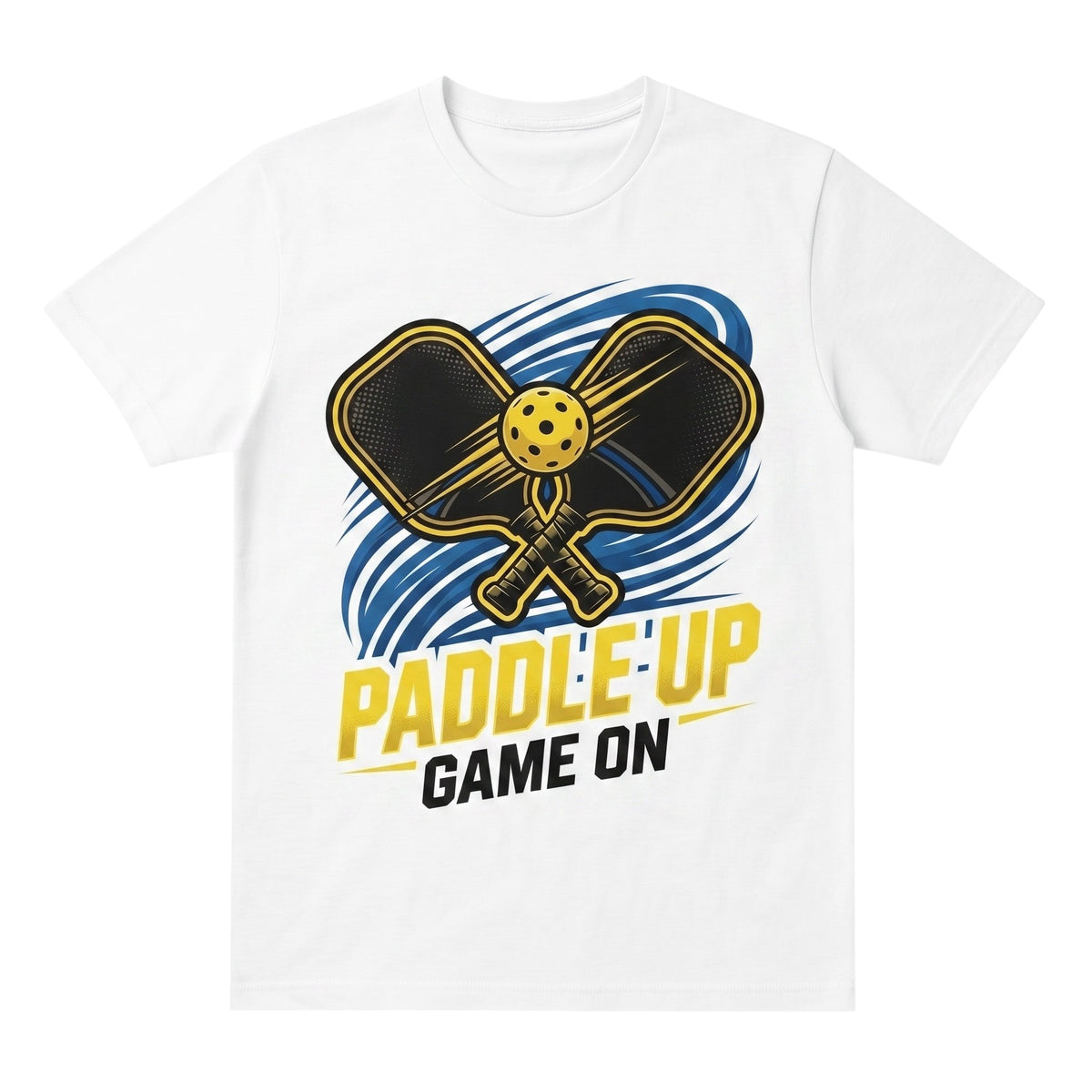 TrendyShift.Com white cotton unisex t-shirt featuring a graphic of two pickleball paddles and a ball with text.