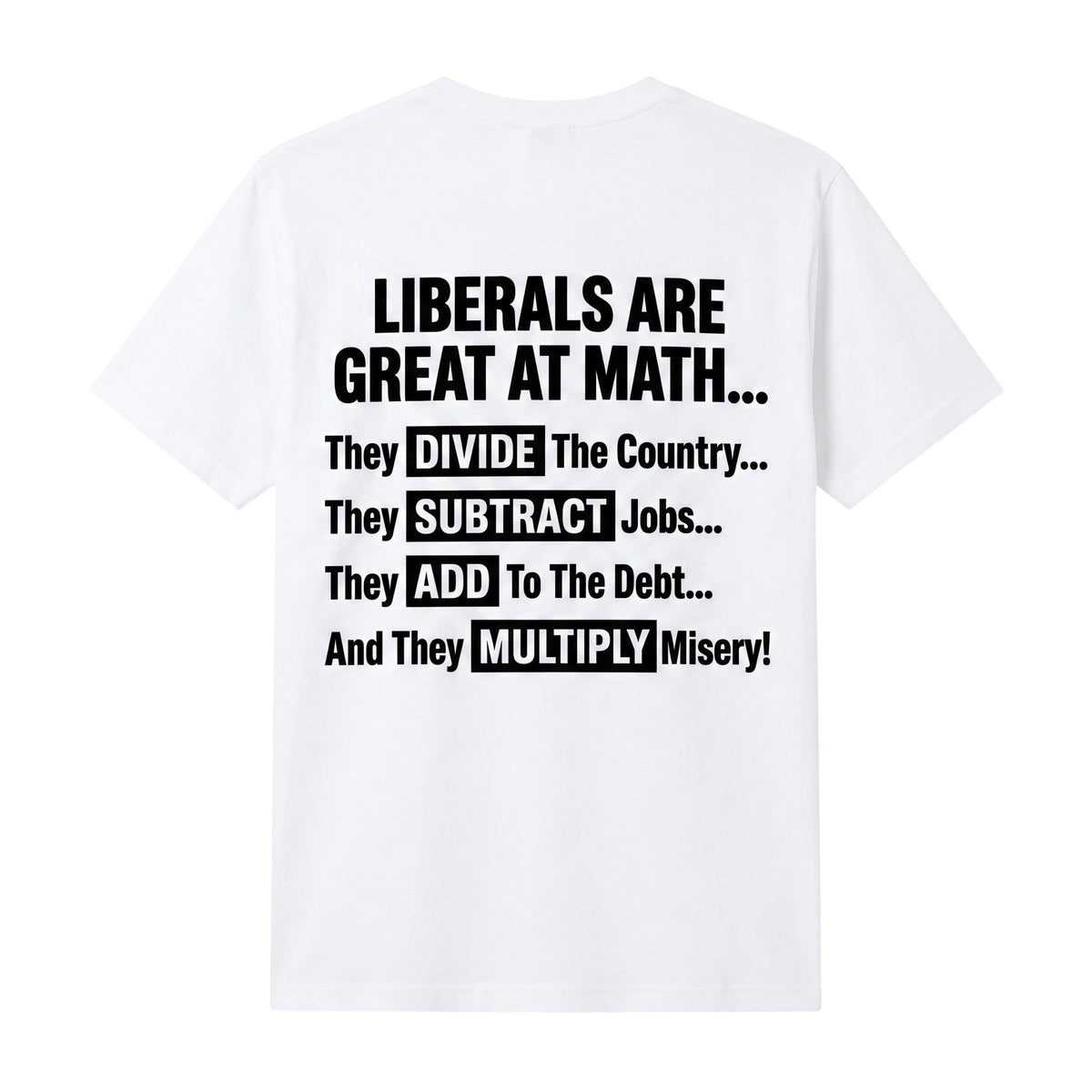 TrendyShift.Com white t-shirt featuring black text about political math on the back