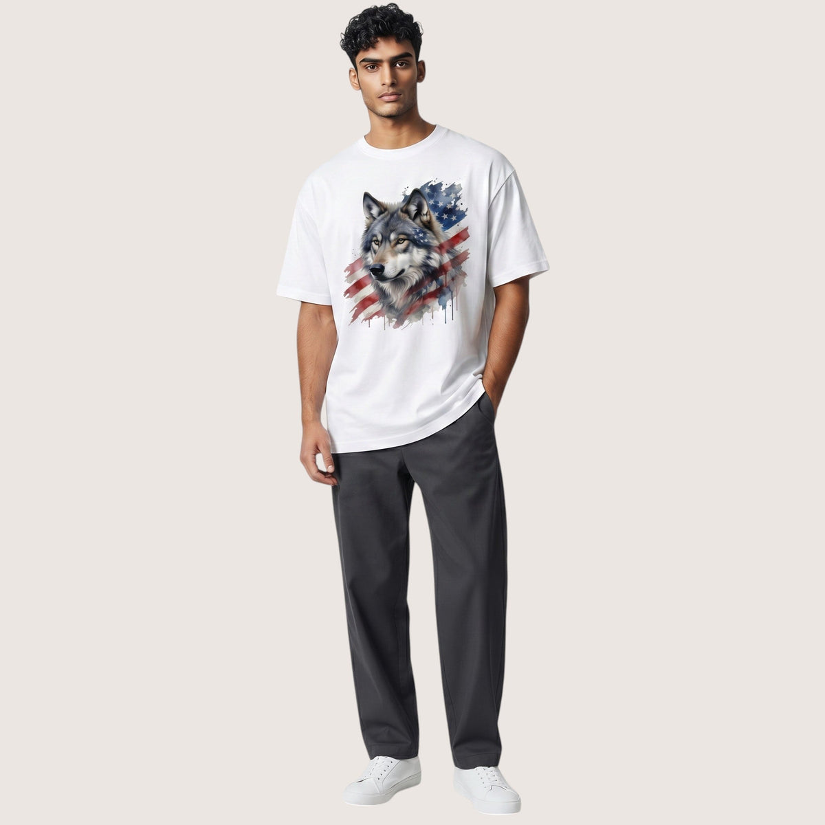 TrendyShift.Com white t-shirt featuring a watercolor wolf and American flag graphic worn by a male model.