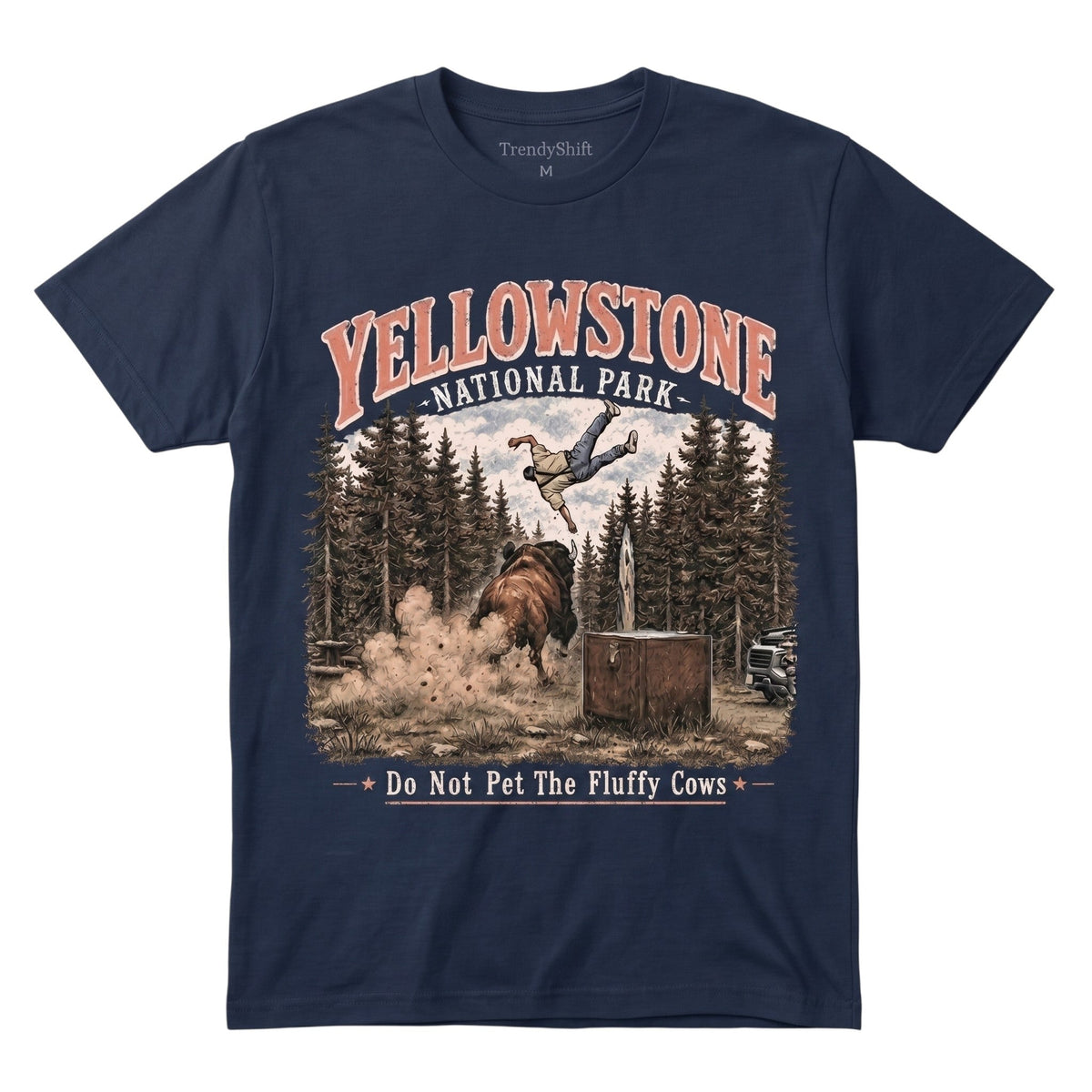 TrendyShift.Com navy blue 100% cotton t-shirt featuring a Yellowstone National Park graphic with a bison illustration