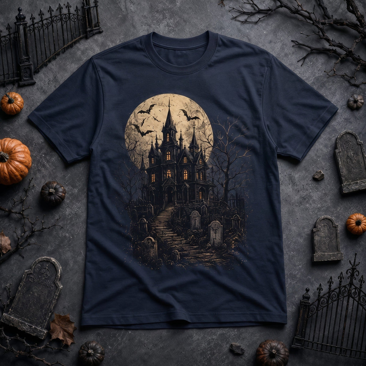 WearTheJoke.com navy blue Halloween t-shirt featuring a spooky haunted house, graveyard, and full moon graphic.
